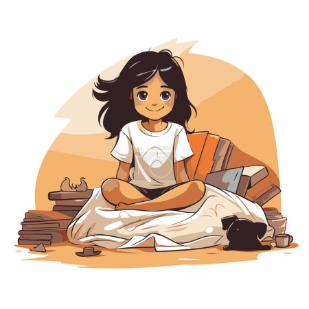 Ilustración de Chica sentada en la cama con libros y gato. Dibujos animados vector ilustración. - Imagen libre de derechos