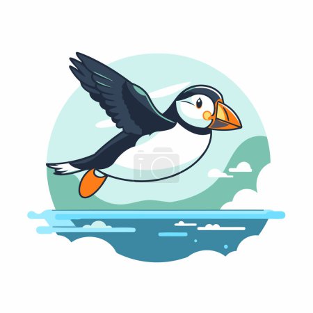 Téléchargez les illustrations : Oiseau macareux volant sur la mer. Illustration vectorielle en style plat - en licence libre de droit