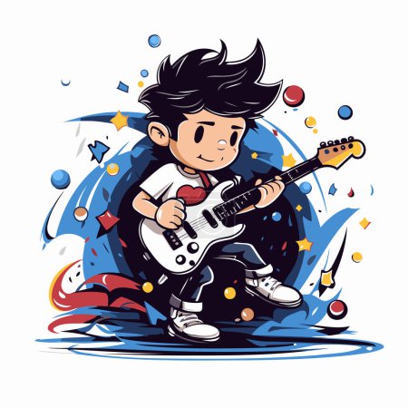 Téléchargez les illustrations : Illustration vectorielle d'un garçon jouant de la guitare électrique. Cartoon style. - en licence libre de droit