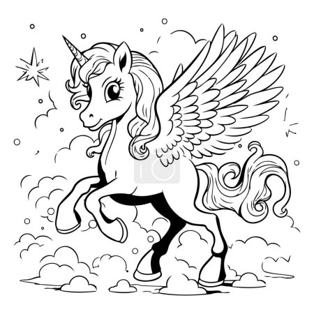 Illustration for Unicorn in the clouds. Black and white illustration for coloring book - Royalty Free Image