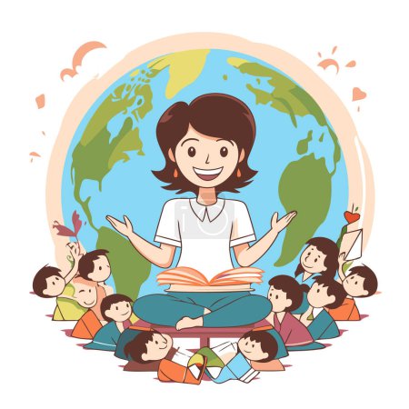 Téléchargez les illustrations : Illustration de bande dessinée d'un professeur assis en position lotus avec des enfants autour - en licence libre de droit