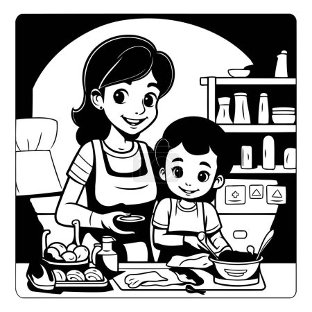 Téléchargez les illustrations : Mère et fils cuisinent dans la cuisine. Illustration vectorielle noir et blanc. - en licence libre de droit