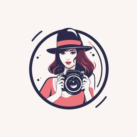 Illustration for Retro woman photographer with camera. Vector illustration in vintage style. - Royalty Free Image