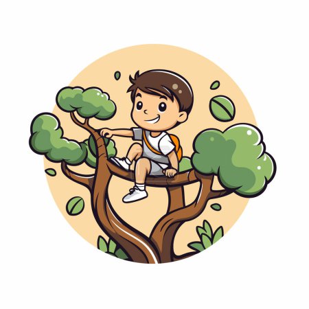 Téléchargez les illustrations : Mignon petit garçon grimpant à un arbre. Illustration vectorielle dans le style dessin animé. - en licence libre de droit
