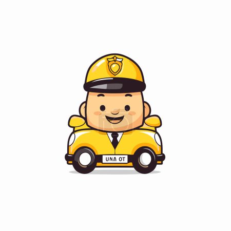 Téléchargez les illustrations : Chauffeur de taxi mignon avec voiture jaune sur fond blanc. illustration vectorielle - en licence libre de droit