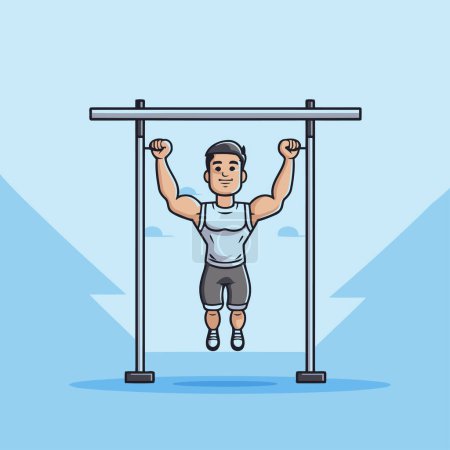 Illustration for Man doing pull ups on horizontal bar. Vector illustration in cartoon style - Royalty Free Image