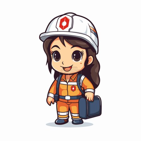 Téléchargez les illustrations : Jolie petite fille pompier en uniforme avec une illustration vectorielle mallette - en licence libre de droit