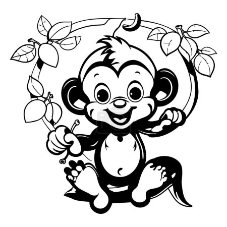 Illustration for Monkey with fruit. Black and white vector illustration for coloring book. - Royalty Free Image