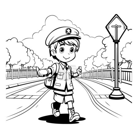 Téléchargez les illustrations : Joli petit garçon en uniforme de police marchant dans la rue. Illustration vectorielle. - en licence libre de droit