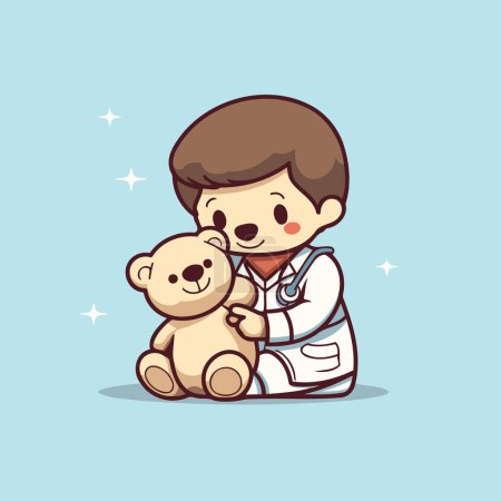 Téléchargez les illustrations : Illustration vectorielle d'un médecin avec un ours en peluche dans les bras - en licence libre de droit