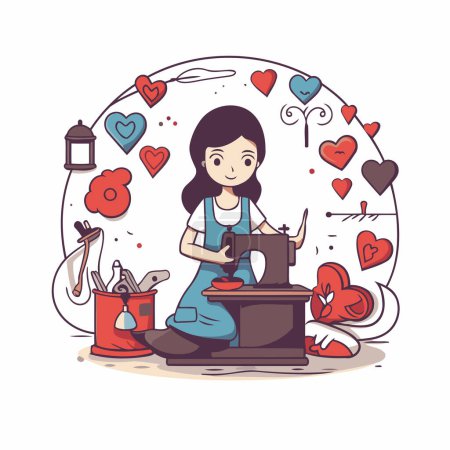 Téléchargez les illustrations : Illustration vectorielle d'une fille travaillant sur une machine à écrire avec des cœurs autour d'elle - en licence libre de droit