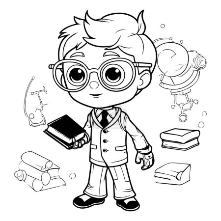 Téléchargez les illustrations : Livre à colorier pour enfants : garçon avec des lunettes et des livres. Illustration vectorielle. - en licence libre de droit