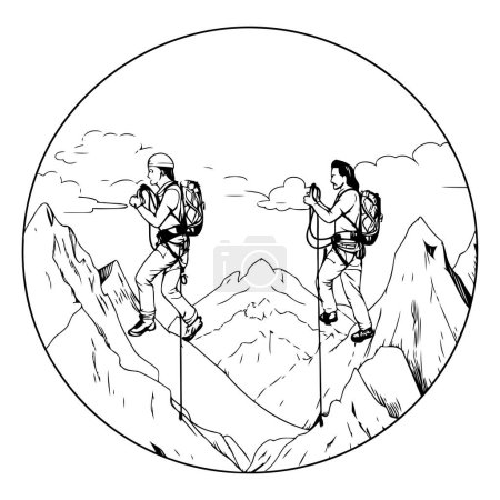 Téléchargez les illustrations : Randonnée dans les montagnes. Illustration vectorielle en noir et blanc d'un homme et d'une femme grimpant sur une montagne. - en licence libre de droit