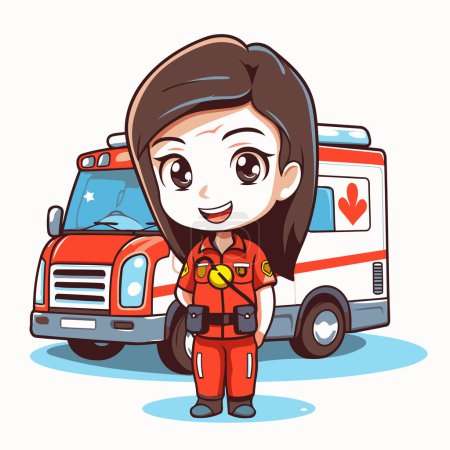 Téléchargez les illustrations : Jolie fille dessin animé en uniforme de police avec camion de pompiers. Illustration vectorielle. - en licence libre de droit