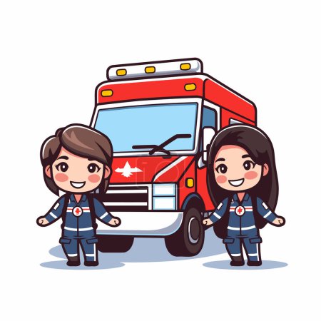 Ilustración de Lindos niños en uniforme con camión de bomberos. Ilustración vectorial. - Imagen libre de derechos
