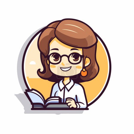 Illustration for Vector illustration of a girl in glasses reading a book. Cartoon style. - Royalty Free Image