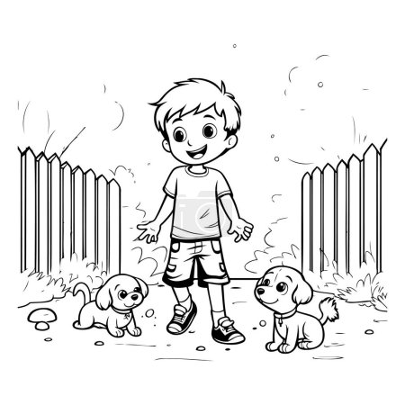 Illustration for Boy playing with his dogs. Black and white vector illustration for coloring book. - Royalty Free Image
