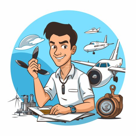 Illustration for Vector illustration of a cartoon man in a pilot's uniform with airplanes. - Royalty Free Image