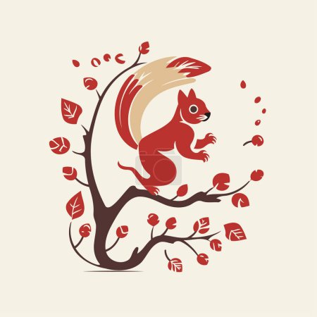 Téléchargez les illustrations : Écureuil sur un arbre aux feuilles rouges. Illustration vectorielle pour votre design - en licence libre de droit