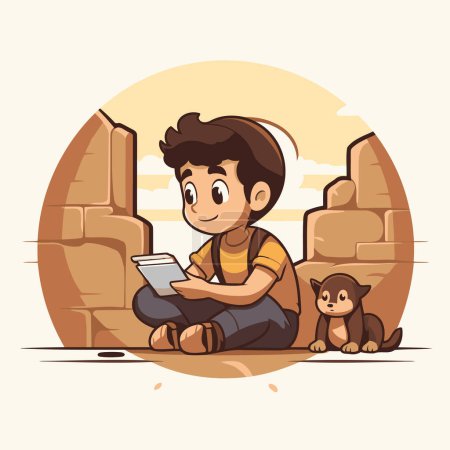 Téléchargez les illustrations : Joli garçon lisant un livre avec son chien. Illustration vectorielle. - en licence libre de droit