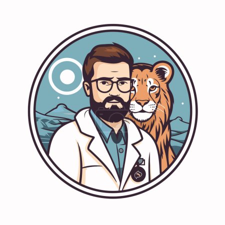 Téléchargez les illustrations : Illustration vectorielle d'un médecin vétérinaire masculin avec un tigre à la main. - en licence libre de droit