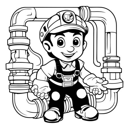 Téléchargez les illustrations : Dessin animé noir et blanc illustrant un petit pompier mignon portant un uniforme de pompier assis et souriant - en licence libre de droit