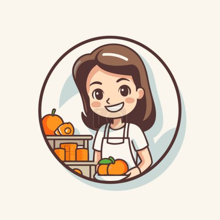 Illustration for Cute little girl with fresh fruits and vegetables. Vector illustration. - Royalty Free Image