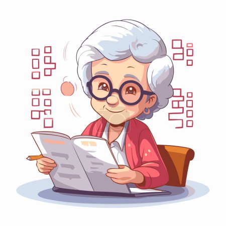 Téléchargez les illustrations : Femme âgée lisant un livre. Illustration vectorielle dans le style dessin animé - en licence libre de droit