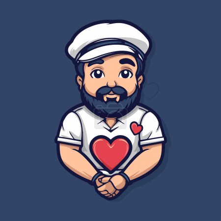 Sailor with a beard and mustache holding a heart. Vector illustration.