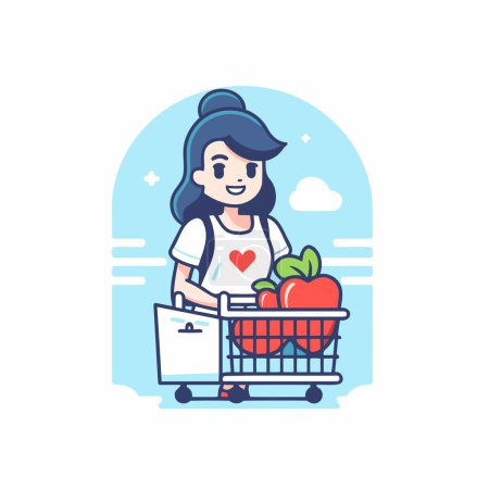 Illustration for Young woman with shopping cart full of fruits and vegetables. Vector illustration. - Royalty Free Image