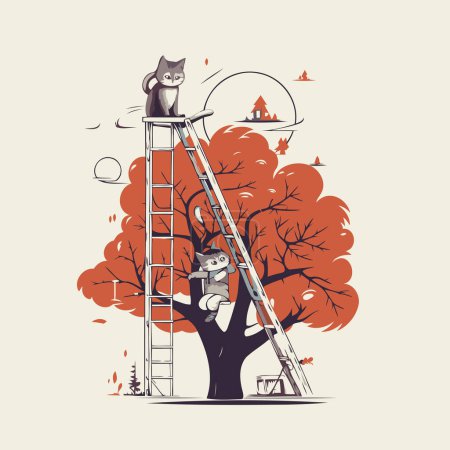 Illustration for Vector illustration of cat climbing a ladder in the park. Cute cartoon character. - Royalty Free Image