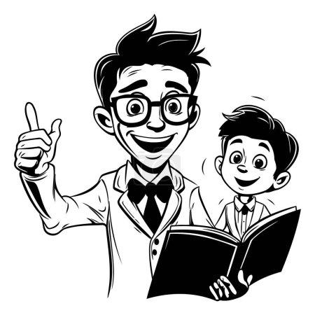Illustration for Teacher and schoolboy with book. Black and white vector illustration. - Royalty Free Image