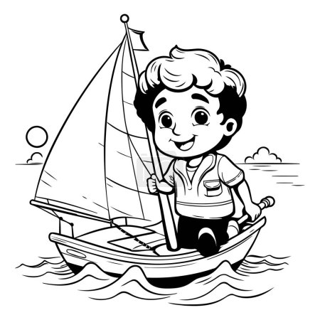 Téléchargez les illustrations : Garçon naviguant sur un bateau. Illustration vectorielle noir et blanc pour livre à colorier. - en licence libre de droit