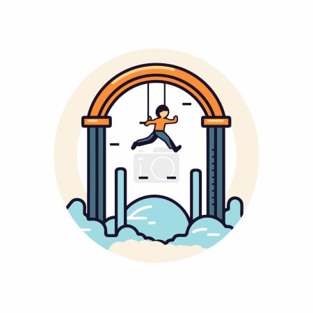 Illustration for Vector illustration in flat linear style. A boy jumps on a swing. - Royalty Free Image