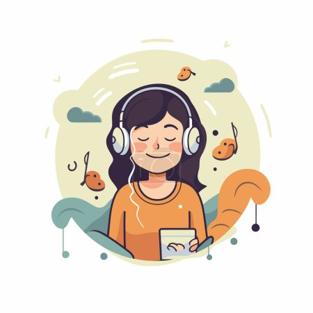 Téléchargez les illustrations : Fille écoutant de la musique avec des écouteurs. Illustration vectorielle en style plat. - en licence libre de droit