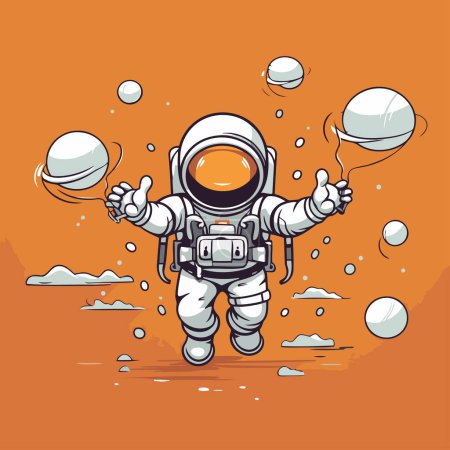 Illustration for Astronaut flying in space. Vector illustration on orange background. - Royalty Free Image