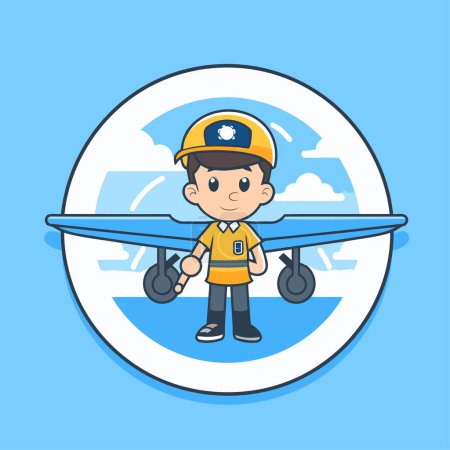 Illustration for Cute boy with airplane vector illustration. Cartoon pilot character. Airplane pilot. - Royalty Free Image