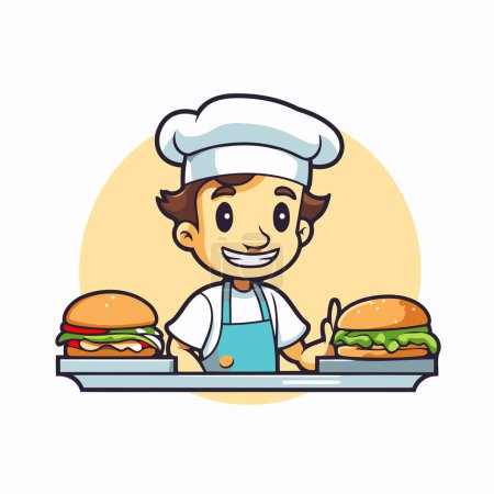 Téléchargez les illustrations : Chef garçon avec hamburger - personnage vectoriel dessin animé Illustration Design - en licence libre de droit