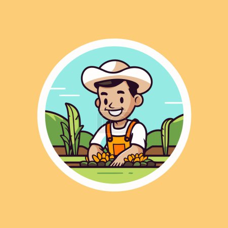 Téléchargez les illustrations : Illustration vectorielle de fermier heureux dans la récolte de chapeau carottes dans le champ. - en licence libre de droit