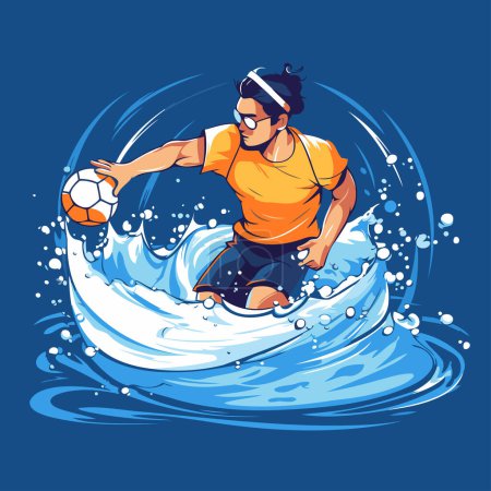 Illustration for Water polo player with a ball on the wave. Vector illustration - Royalty Free Image