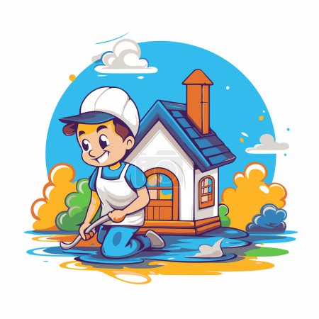 Illustration for Cute cartoon boy with a shovel cleaning the house. Vector illustration. - Royalty Free Image