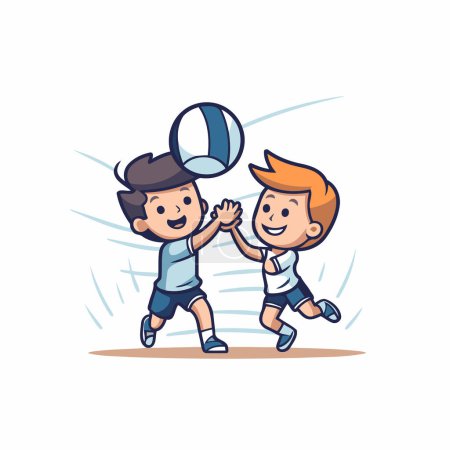 Illustration for Children playing volleyball vector illustration. Cartoon little boy and boy playing ball. - Royalty Free Image
