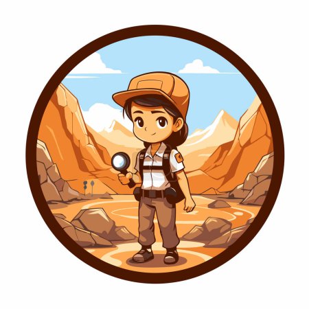 Ilustración de Niño explorador en el desierto de dibujos animados icono redondo vector ilustración diseño gráfico. - Imagen libre de derechos