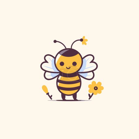 Téléchargez les illustrations : Jolie abeille de dessin animé avec des fleurs. Illustration vectorielle en style plat. - en licence libre de droit