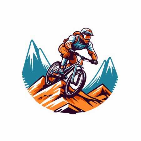 Illustration for Mountain biker riding on the top of the mountain. vector illustration - Royalty Free Image