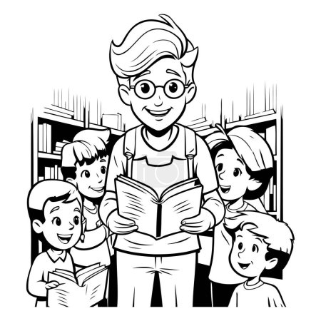 Ilustración de Profesor con estudiantes en la biblioteca. Ilustración en blanco y negro. - Imagen libre de derechos
