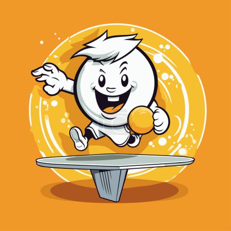 Téléchargez les illustrations : Illustration d'un joueur de tennis de table dessin animé avec balle sur fond orange - en licence libre de droit