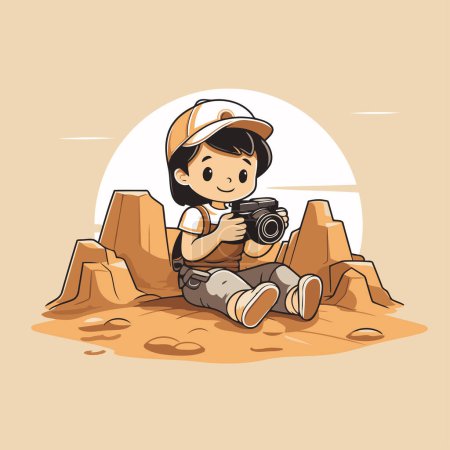 Illustration for Boy with a camera sitting on the sand in the desert. vector illustration - Royalty Free Image