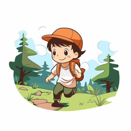 Ilustración de Niño con mochila en el bosque. Ilustración vectorial en estilo de dibujos animados. - Imagen libre de derechos