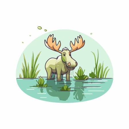 Téléchargez les illustrations : Illustration vectorielle d'un élan dans un étang. Cartoon style. - en licence libre de droit